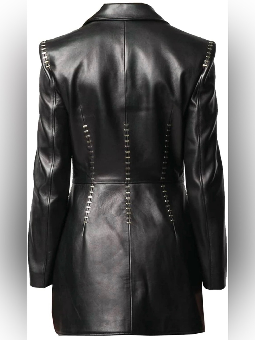 Studded Genuine Lambskin Leather Blazer Coat Black One Button Long Jacket XS-3XL - Picture 3 of 4